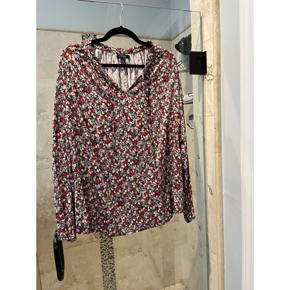 Chaps Womens XL Blue Pink Floral Cotton Long Sleeve Ruffle Peasant Blouse